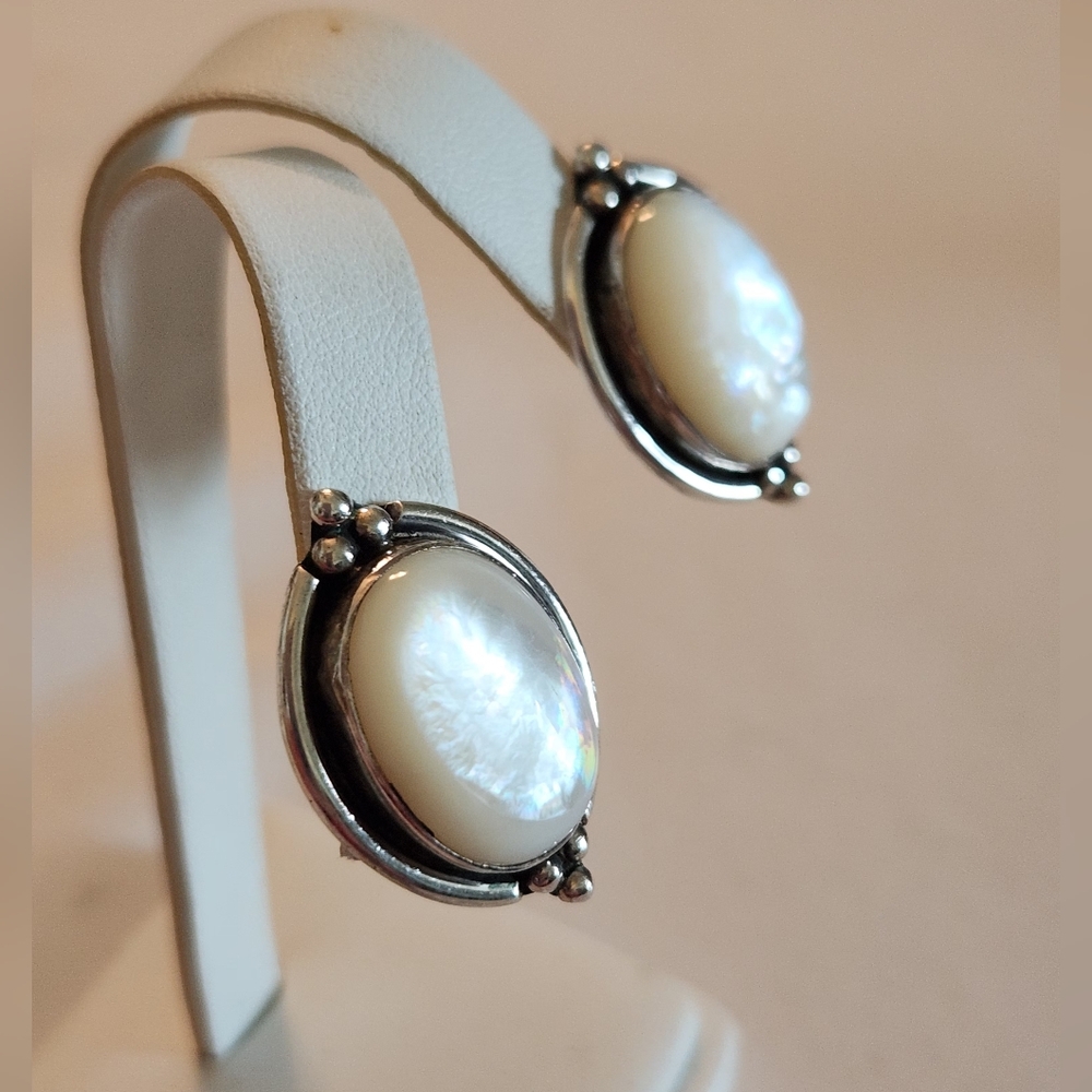 White Mother of Pearl and Sterling Silver RDA Clip Earrings